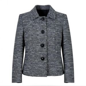 Kasper Boucle Blazer Women Size 14 Black White Silver Metallic Nubby 4 Button